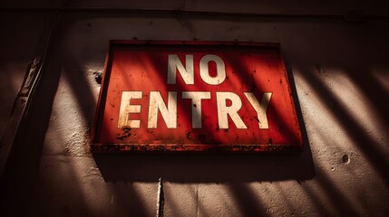 Weathered no entry sign with dramatic shadows.