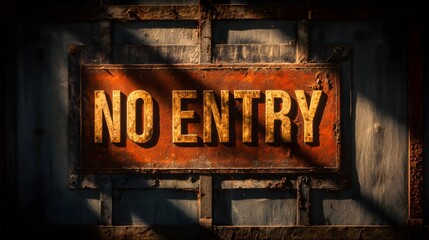 Rusty no entry sign in harsh shadow light.