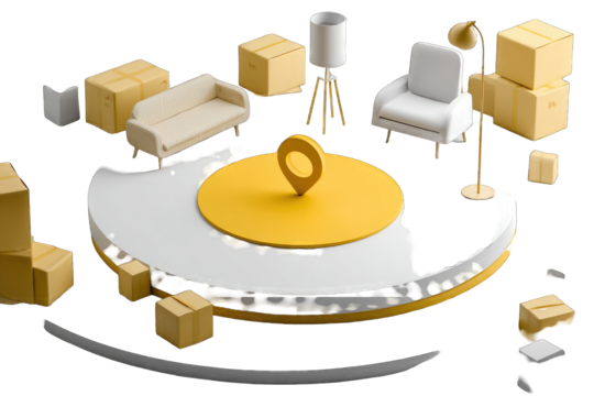 3D illustration of furniture and boxes arranged on a stylized globe, a yellow pin marking a central location