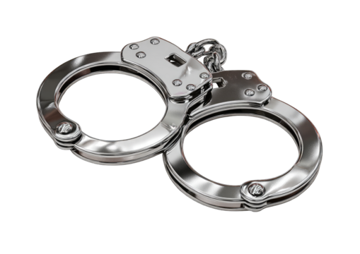 Polished metal handcuffs, closed, angled view