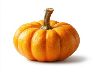 Single ripe pumpkin isolated on white background, front view. For autumn harvest, Halloween design, healthy food concept, and as a design element.