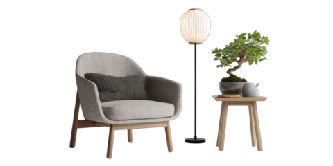 Light gray armchair, wooden side table, and bonsai tree in a zen-like setting