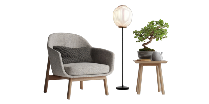 Light gray armchair, wooden side table, and bonsai tree in a zen-like setting