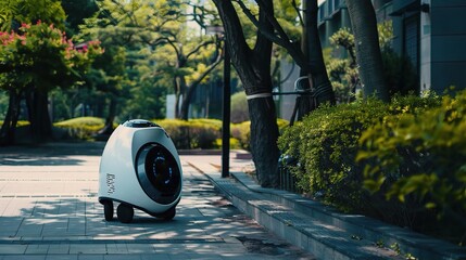 Pest control robot with a compact gray and green body, moving across garden soil or farmland to detect and eliminate pests like insects or larvae, equipped with pest-sensing tools and a targeted spray