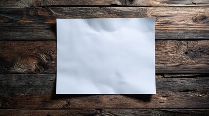 Wrinkled white paper sheet on rustic wooden background.