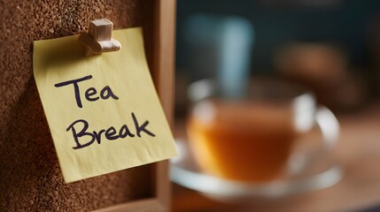 Tea break note pinned on corkboard with cup in background.