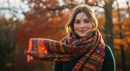 Fototapeta premium A young woman wearing a colorful scarf stands in a park with autumn leaves in the background.