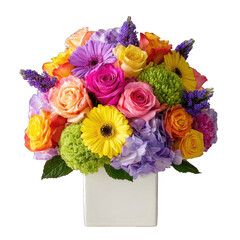 Obraz premium Vibrant bouquet of colorful roses, hydrangeas, and gerberas in a white vase
