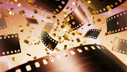 Film strips and golden confetti floating in a warm, celebratory atmosphere