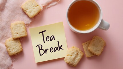 Tea break note with cup and cookies on table.