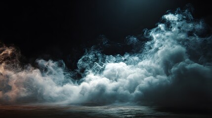 Thick fog rising under dramatic spotlight in darkness.