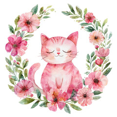 a delicate watercolor painting depicts a pink cat with closed eyes encircled by a vibrant wreath of pink and peach blossoms and lush green foliage.