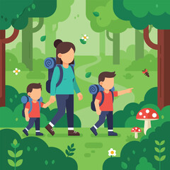 Fototapeta premium A mother and two sons hiking through a lush green forest, enjoying nature and bonding together.