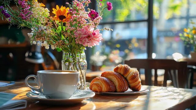 coffee croissant and flowers. Selective focus