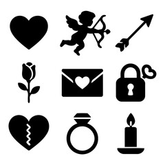 Valentine's Symbols of Devotion: An array of monochromatic symbols, featuring a delicate rose, a cupid, a heart and an arrow, and other expressions of love to celebrate the spirit of Valentine's Day.