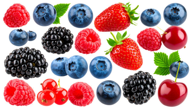 Juicy red raspberries and ripe blueberries. Fresh summer berry set on white background