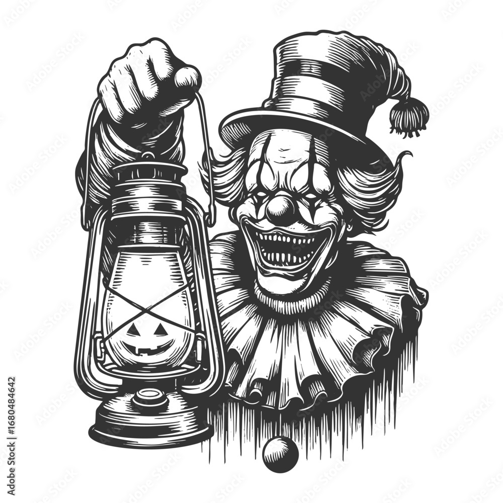 Poster creepy clown with a sinister grin holding a lantern featuring a jack-o-lantern face sketch engraving