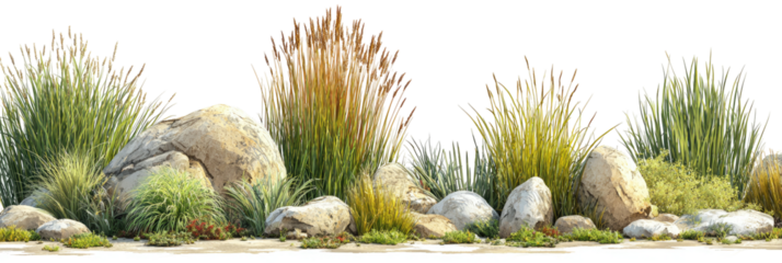 A landscape scene of varied grasses and large rocks