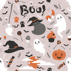 Happy Halloween seamless pattern with cute scary elements isolated on grey background. Vector spooky illustration template for card print banner party invitation poster