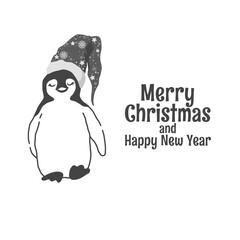 Merry Christmas and Happy New Year vector illustration with cute hand drawn penguin in Santa hat isolated on white background. Line art animal design for poster or card print