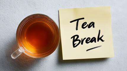 Top view of tea break note with cup of tea.