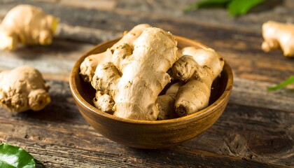 Fresh ginger root in a wooden bowl on a rustic surface