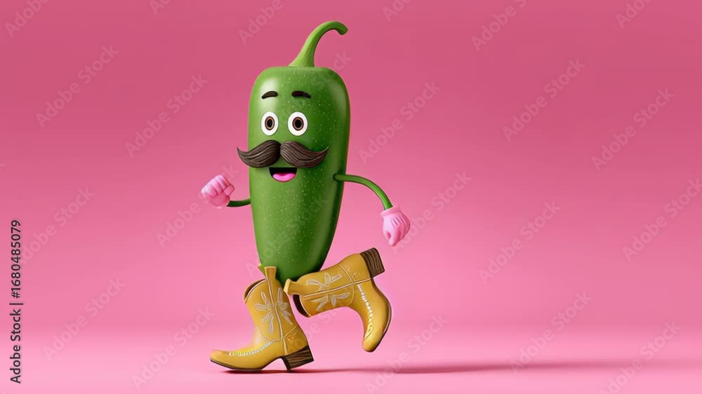 Aufkleber animated jalapeno character joyfully striding in vibrant yellow cowboy boots against a playful pink 