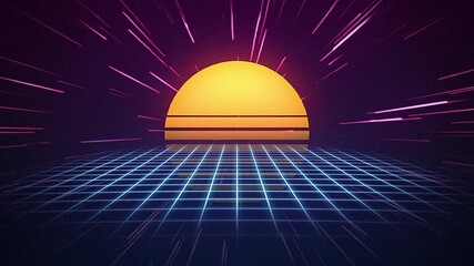 Retro-futuristic synthwave background featuring a glowing orange sun rising over a neon-blue grid that fades into the distance - Powered by Adobe