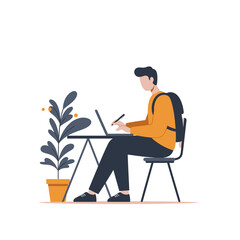 Man with backpack sits at desk, working on laptop with plant beside him.