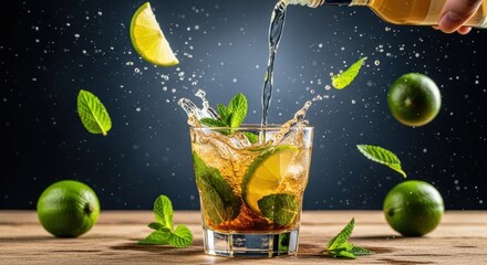 Action shot of cocktail being poured with lime, mint, and splashing liquid