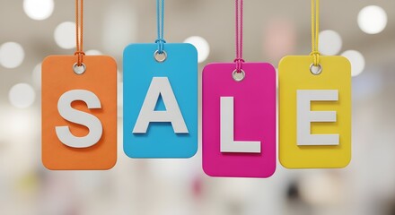 Colorful SALE tags hanging against a blurred background