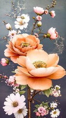 A vibrant arrangement of blossoms in peach and pastel shades, displayed against a moody backdrop of dark blue-gray, highlights the beauty of floral design.