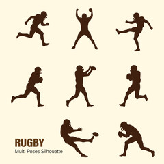 Solid 2D Flat Black silhouette Set of American football player silhouette illustration in multiple pose, white background, minimalistic