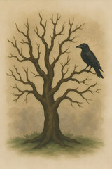 A lone crow perched on a bare tree branch.