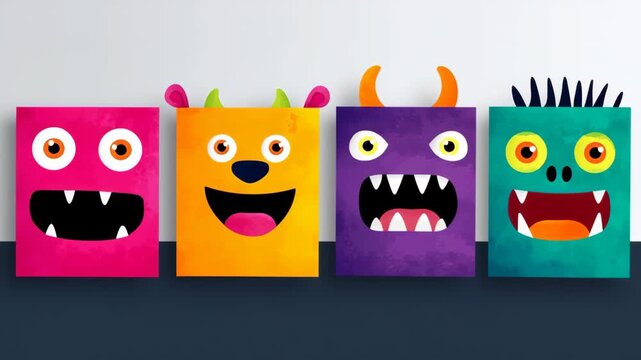 Colorful monster illustrations in a playful sequence, showcasing expressive faces with vibrant features and unique designs, capturing the whimsical essence of imaginative characters in a fun visual na