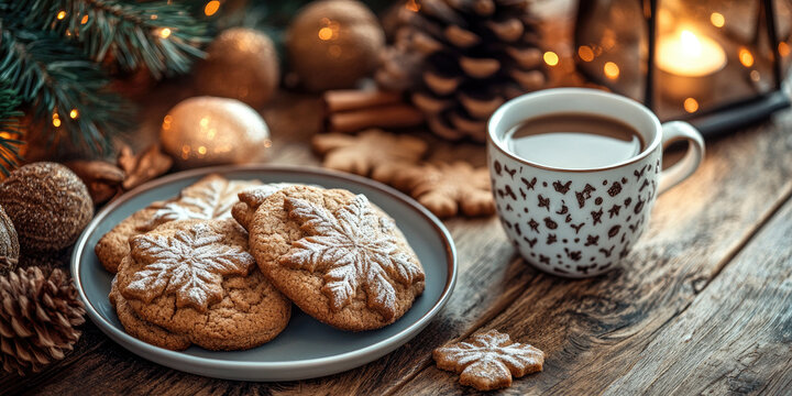 Weckmann bread and snowflake-shaped ginger cookies arranged on a wooden plate next to a cup of hot cocoa and a lit lantern, creating a cozy Martinstag atmosphere