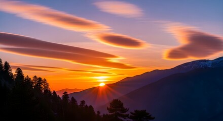 Fototapeta premium Majestic Sunset Over Mountain Peaks with Fiery Clouds