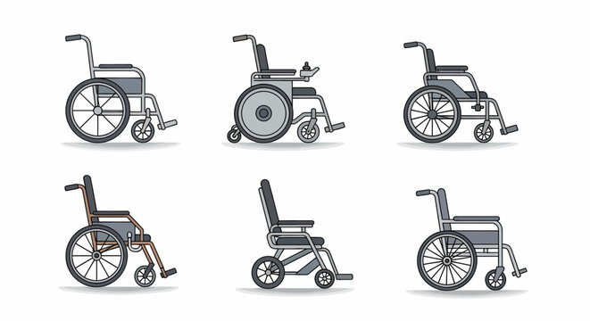 A collection of six diverse wheelchairs, showcasing manual and electric models, highlighting mobility assistance devices.