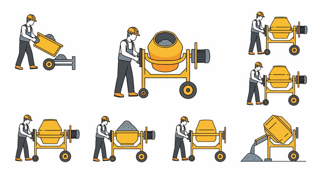 Illustration depicting a construction worker using a cement mixer, showing the process of loading, mixing, and pouring concrete.
