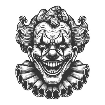 clown face with curly hair, exaggerated makeup, and a ruffled collar in retro engraving style sketch engraving generative ai vector illustration. Scratch board imitation. Black and white image.