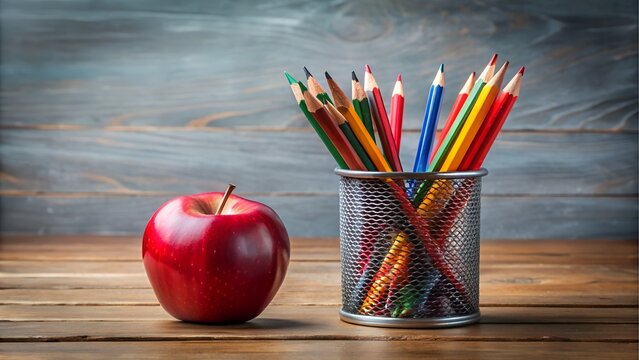 Red apple and colored pencils in a cup on wood - Powered by Adobe