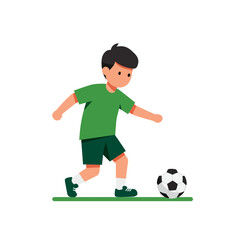 Fototapeta premium Cartoon boy in green soccer uniform, kicking a soccer ball.