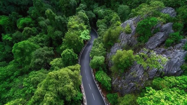 Winding road through a dense green forest, bordered by rocky cliffs on the right.