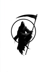Fototapeta premium Minimalist grim reaper scythe outline icon, solid black vector negative space design for t-shirt screen print and apparel, isolated on white.
