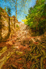 Hiking to Peak Tri Koruny or Trzy Korony during day. Pieniny National park in Poland. Pieniny Castle