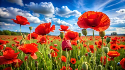 Naklejka premium Field of red poppies under a blue sky with clouds