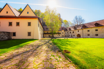 Medieval monastery Cerveny Klastor near Peak Tri Koruny or Trzy Korony in Pieniny National park in Slovakia and Poland