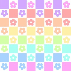 Y2K background. Retro abstract flowers on chessboard. Colorful pastel checkered gingham plaid pattern. Groovy rainbow checkered seamless pattern. Aesthetic groovy wallpaper.