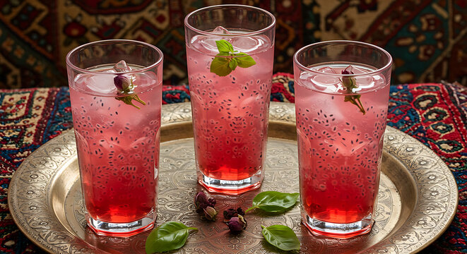 Tall glasses of colorful Persian sharbat (rose syrup with herbs and seeds), served with ice cubes, fresh basil seeds, and copper tray. Background with Persian textiles.
