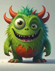 A lively, furry monster with vibrant green fur and playful orange accents stands out against a light background, showcasing expressive eyes and a wide grin.